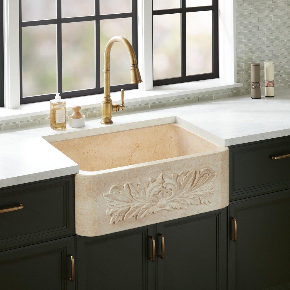 Signature Hardware Silbury 30 in. Farmhouse Ivy Marble Single Bowl Kitchen Sink in Egyptian Cream