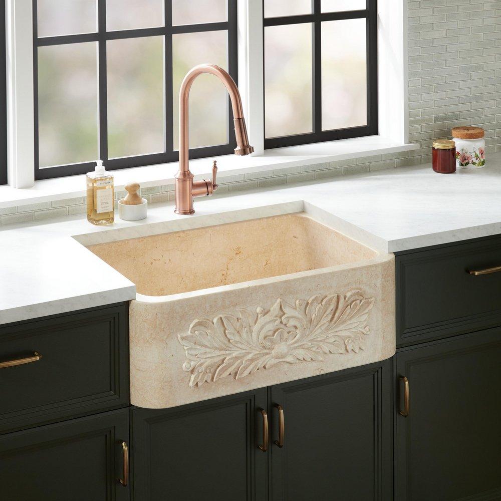Signature Hardware Silbury 33 in. Farmhouse Ivy Marble Single Bowl Kitchen Sink in Egyptian Cream