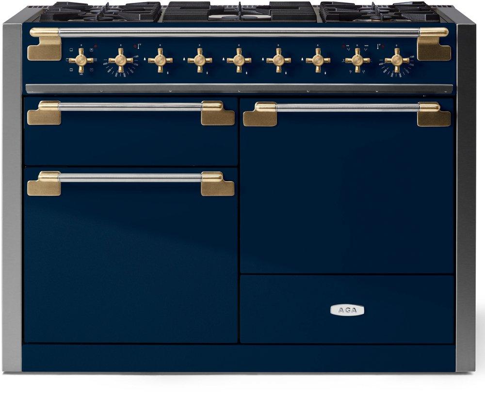Aga Marvel Elise 47-9/16 in. 5-Burner Electric and Gas Freestanding Range in Indigo with Brass