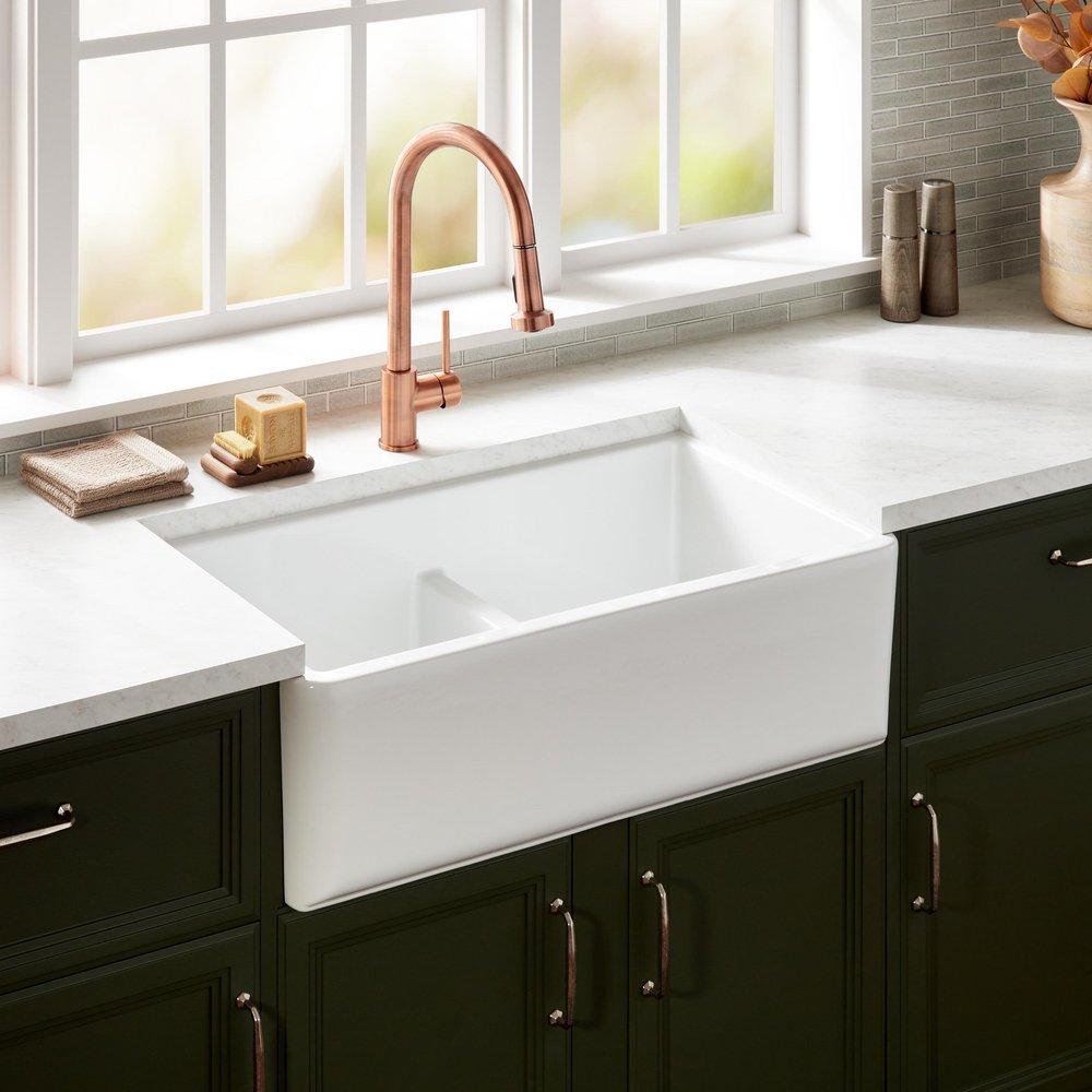 Signature Hardware Grigham 33 in. Fireclay Double Bowl Farmhouse Kitchen Sink in White