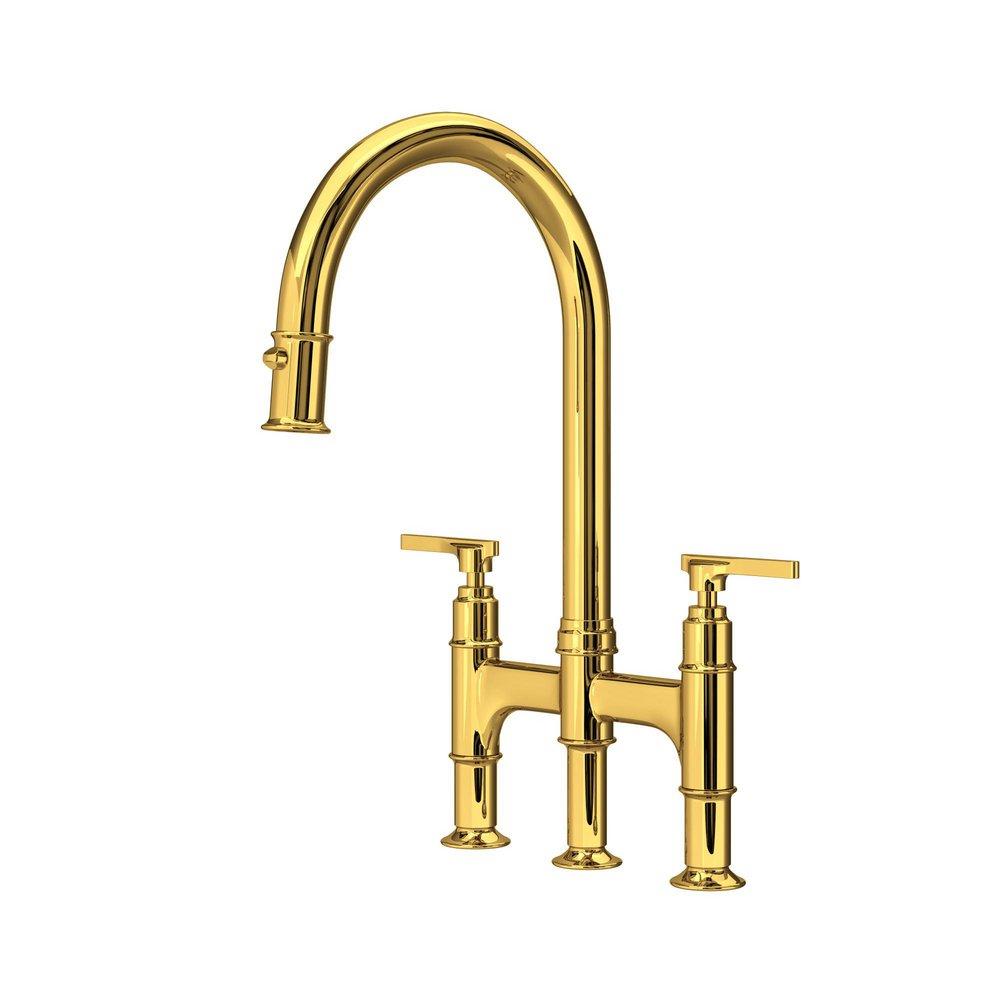 Perrin & Rowe® Southbank™ Two Handle Bridge Pull Down Kitchen Faucet in Unlacquered Brass
