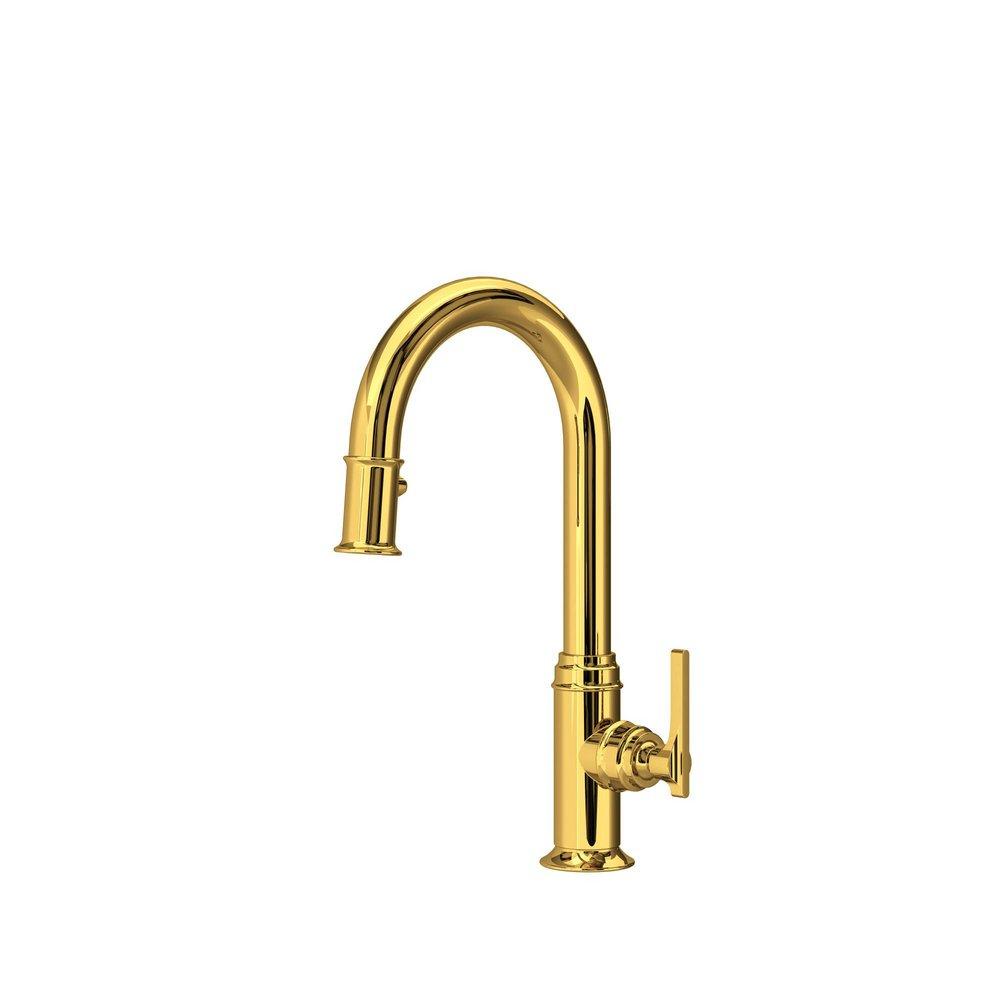 Perrin & Rowe® Southbank™ Single Handle Pull Down Bar Faucet in Unlacquered Brass