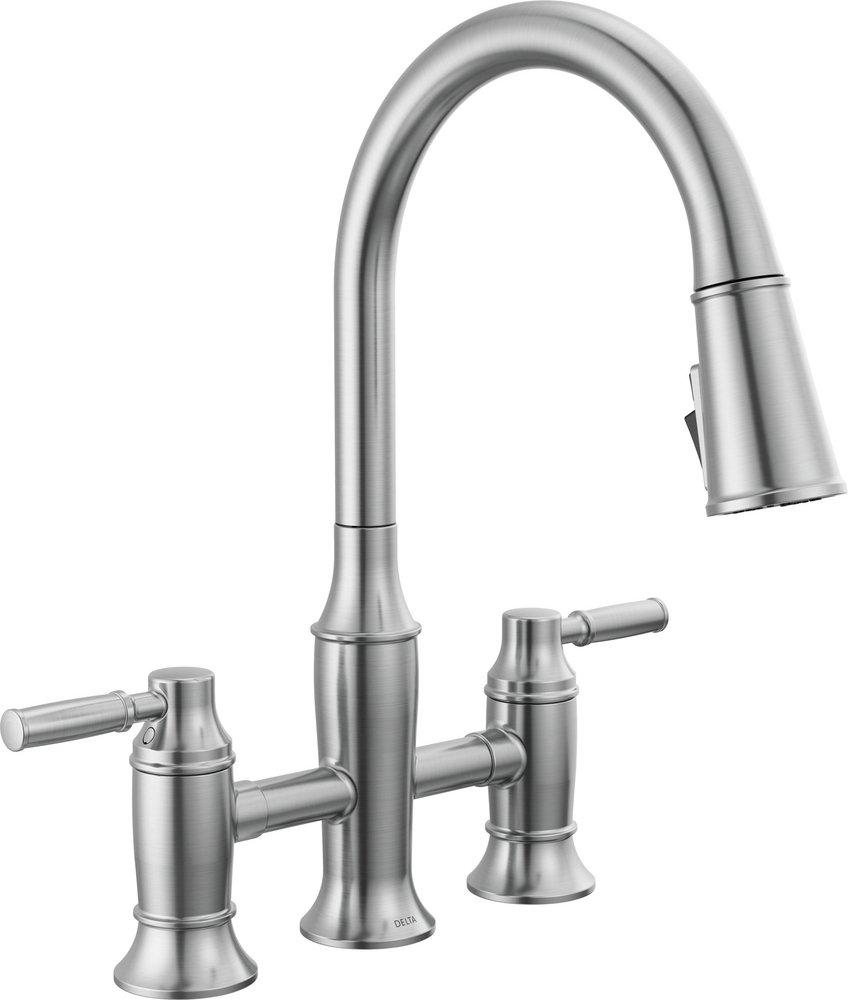 Delta Faucet Renaldi Two Handle Bridge Pull Down Kitchen Faucet in Arctic Stainless