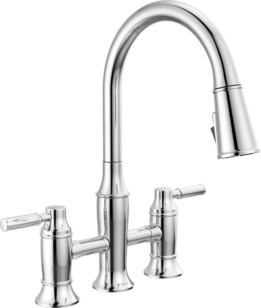 Delta Faucet Renaldi Two Handle Bridge Pull Down Kitchen Faucet in Lumicoat® Chrome