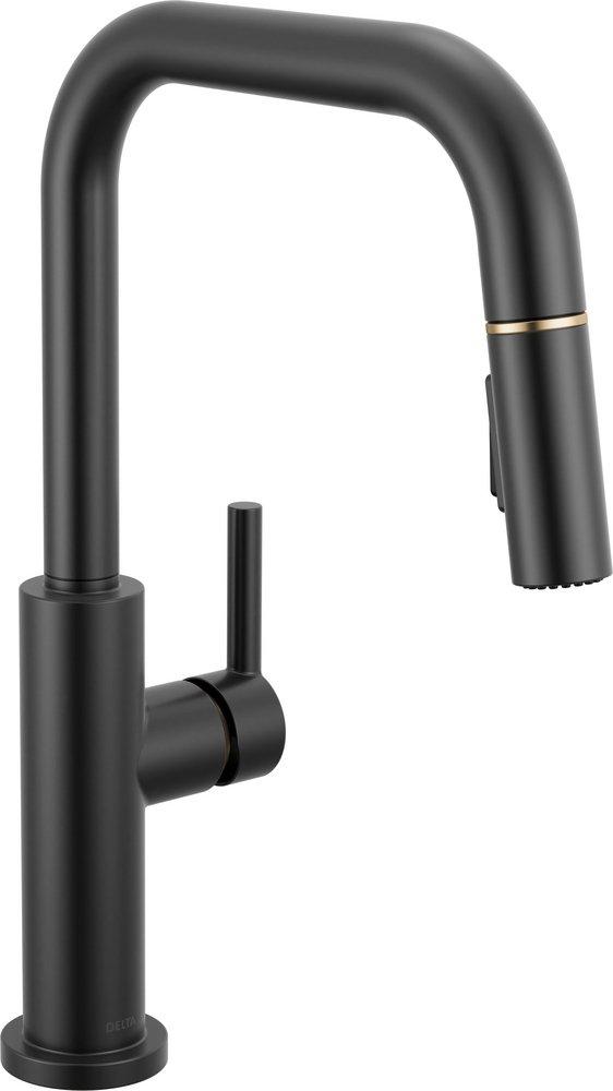 Delta Faucet Nicoli™ Single Handle Pull Down Kitchen Faucet in Matte Black with Champagne Bronze