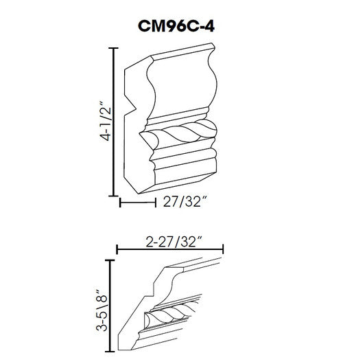 AW-CM96C-4 ( (AW-GW-TW-PW) Crown Molding with rope detail 4.5"Wx96"H )