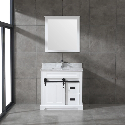 Farmhouse 36 in Bathroom Vanity in White with Calacatta Gold Quartz Countertop