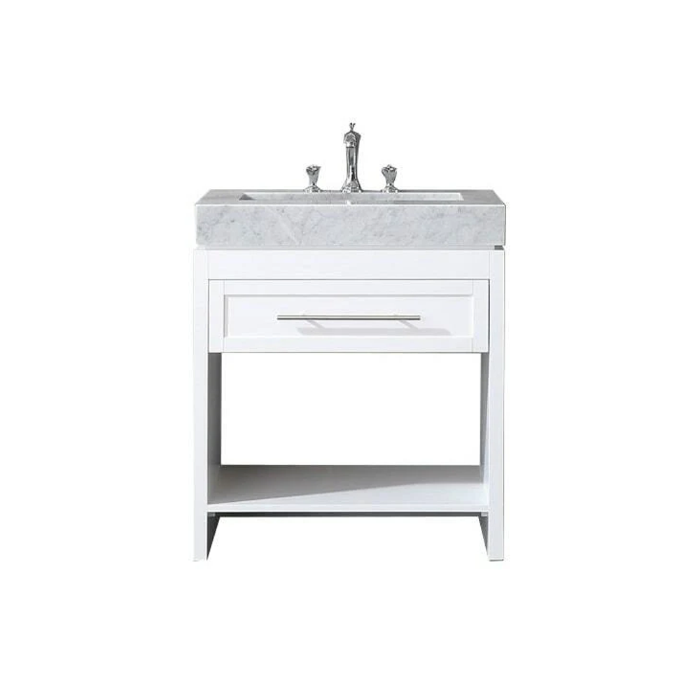 Venetian 30 in Single Sink Bathroom Vanity in White with Carrera White Marble Countertop