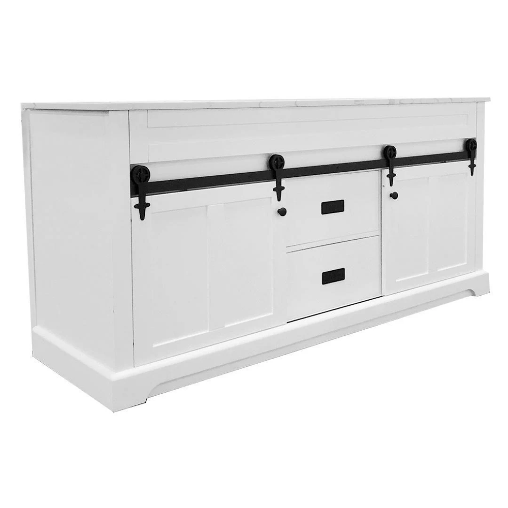 Farmhouse 72 in Double Sink Bathroom Vanity in White with Calacatta Gold Quartz Countertop