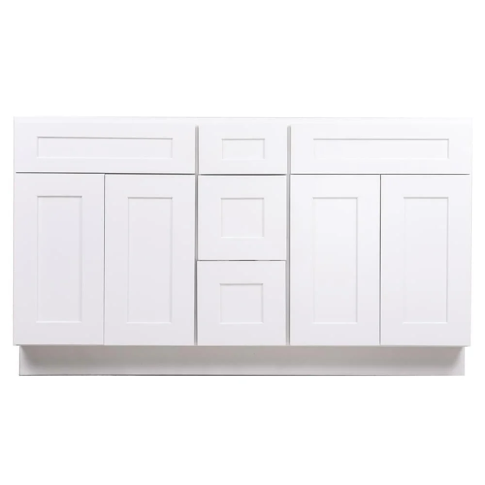White Shaker Wood Vanity Double Sink and 3 Drawer Base | 60"