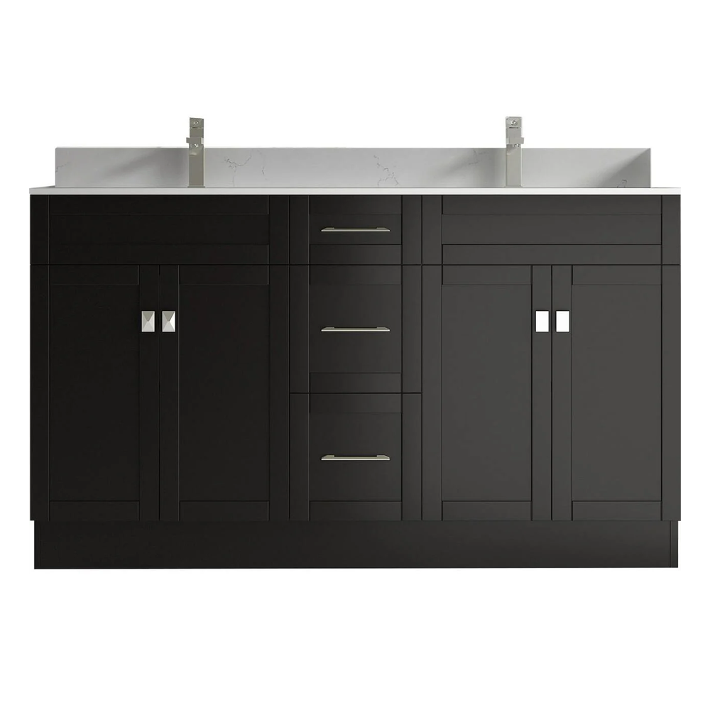 Satar 60 in Double Sink Bathroom Vanity in Espresso with White Quartz Countertop