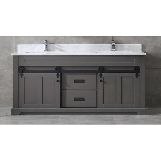 Farmhouse 72 in Double Sink Bathroom Vanity in Grey with Calacatta Gold Quartz Countertop