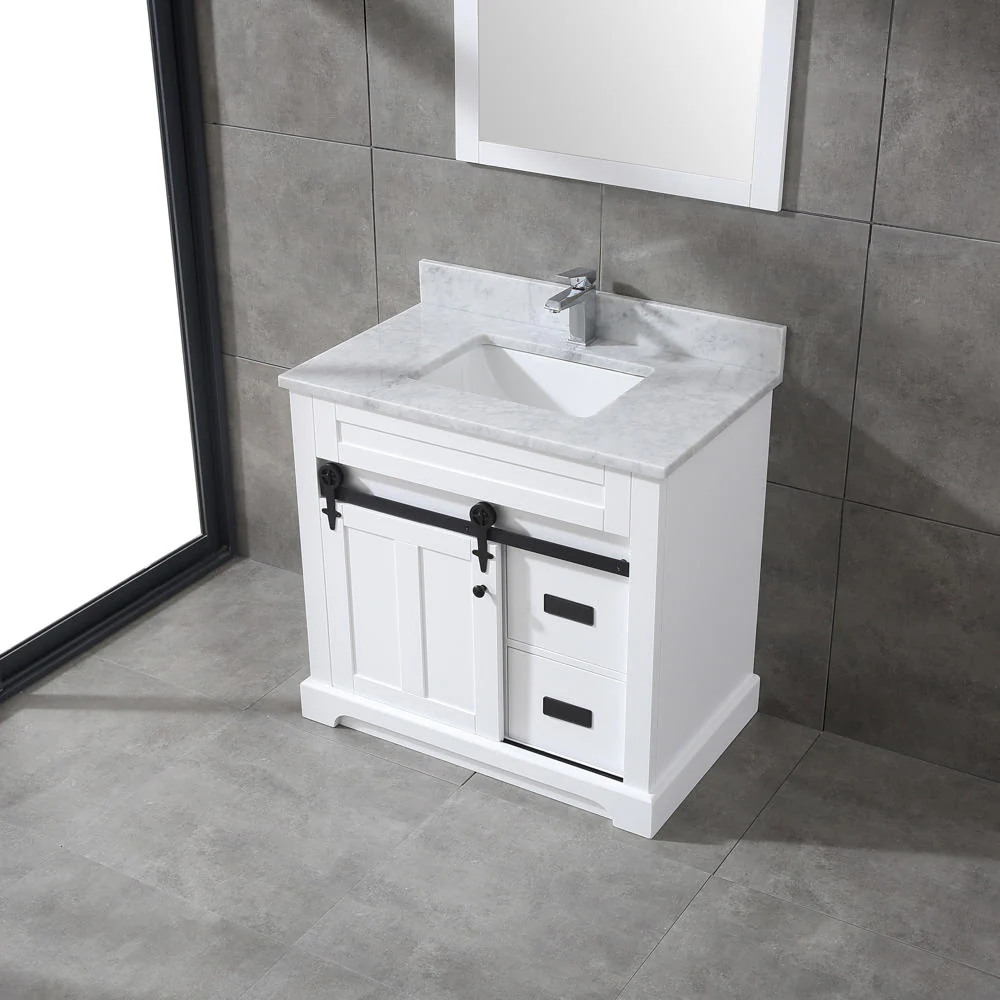 Farmhouse 36 in Bathroom Vanity in White with Calacatta Gold Quartz Countertop