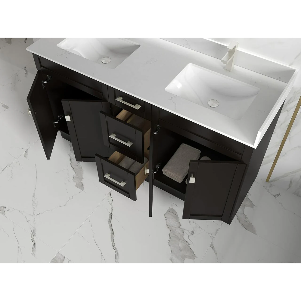 Satar 60 in Double Sink Bathroom Vanity in Espresso with White Quartz Countertop