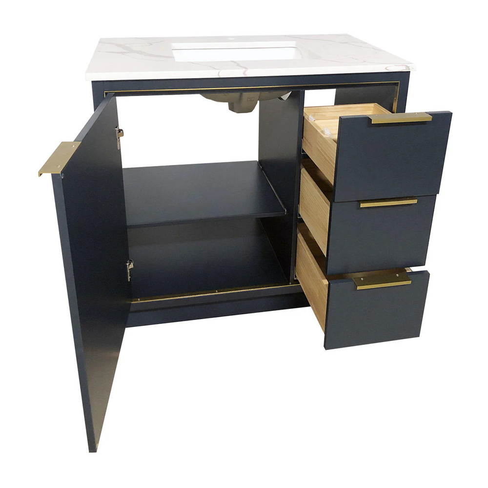 Amelie 36 in Single Sink Bathroom Vanity in Blue with Calacatta Quartz Countertop