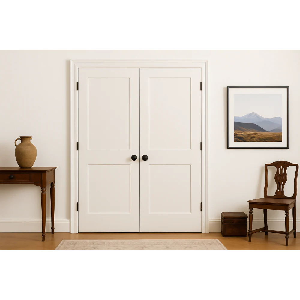 6/0x6/8 White Shaker 2-Panel Solid Core Primed MDF Prehung Interior French Door