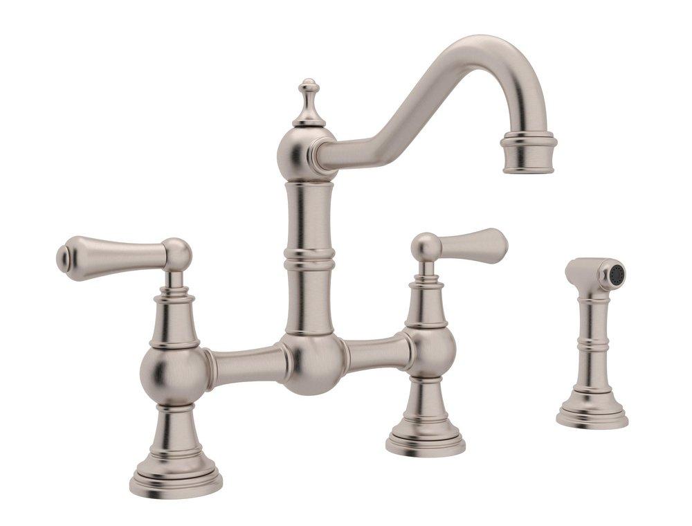 Perrin & Rowe Palladian® Two Handle Bridge Kitchen Faucet with Side Spray in Satin Nickel