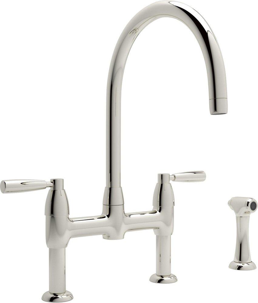Perrin & Rowe® Palladian® Two Handle Bridge Kitchen Faucet with Side Spray in Polished Nickel