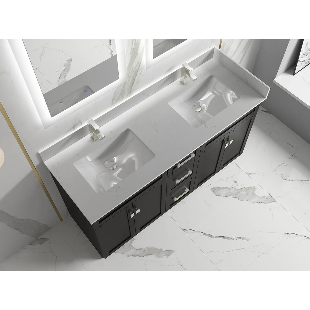 Satar 60 in Double Sink Bathroom Vanity in Espresso with White Quartz Countertop
