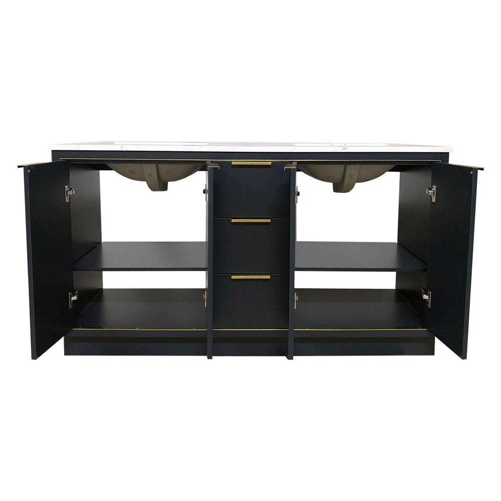 Amelie 60 in Double Sink Bathroom Vanity in Blue with Calacatta Quartz Countertop