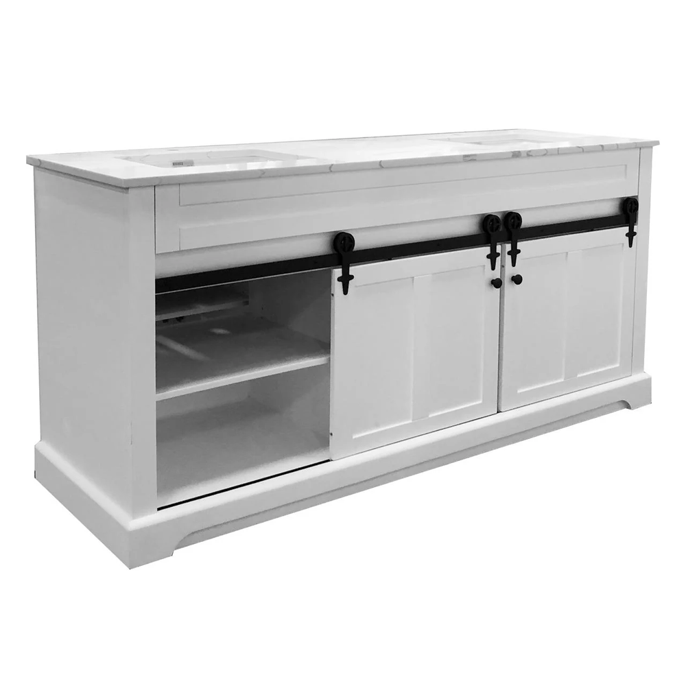 Farmhouse 72 in Double Sink Bathroom Vanity in White with Calacatta Gold Quartz Countertop