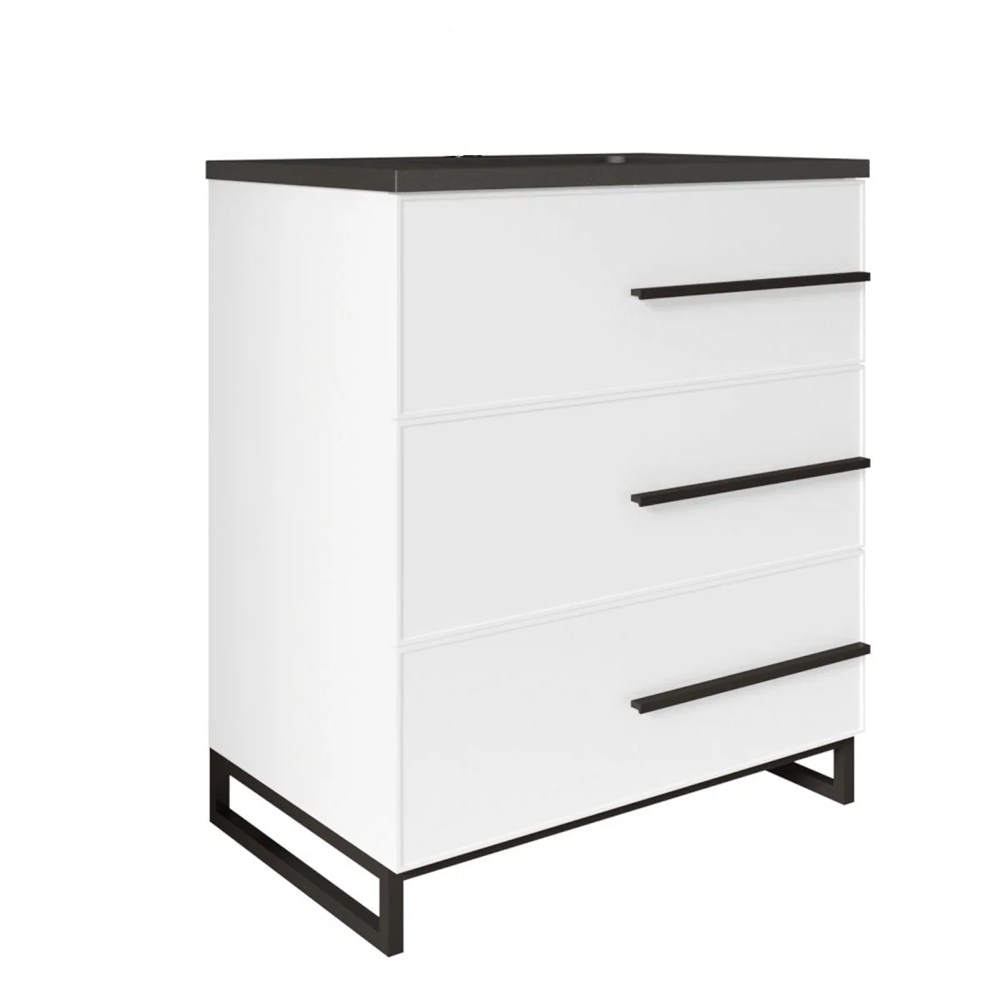 30" W Freestanding White Vanity Matte Black Sand Sink Top | LessCare