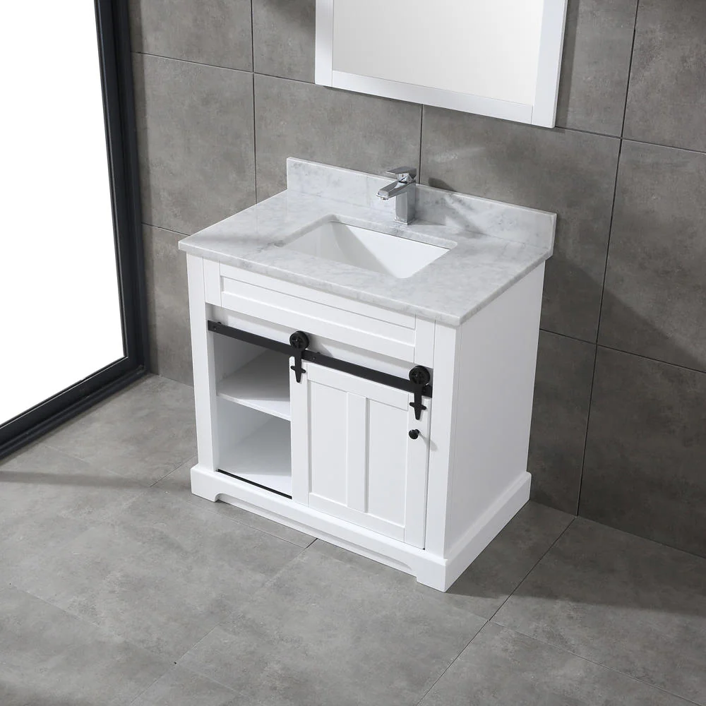 Farmhouse 36 in Bathroom Vanity in White with Calacatta Gold Quartz Countertop