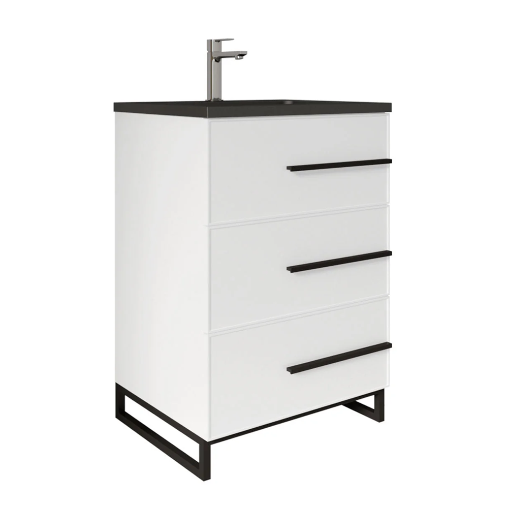 24" W Freestanding White Vanity Matte Black Sand Sink Top | LessCare