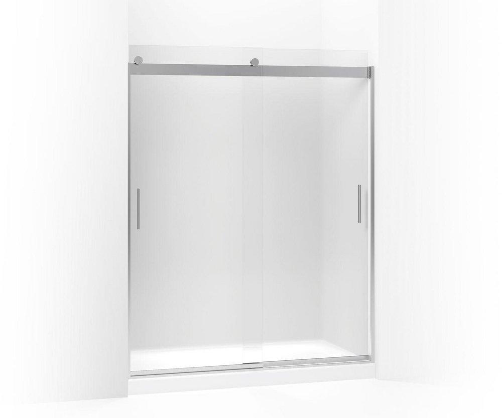 KOHLER Levity® 74 x 60-1/4 x 59-5/8 in. Frameless Sliding Shower Door with Frosted Glass and Blade Handle in Bright Silver