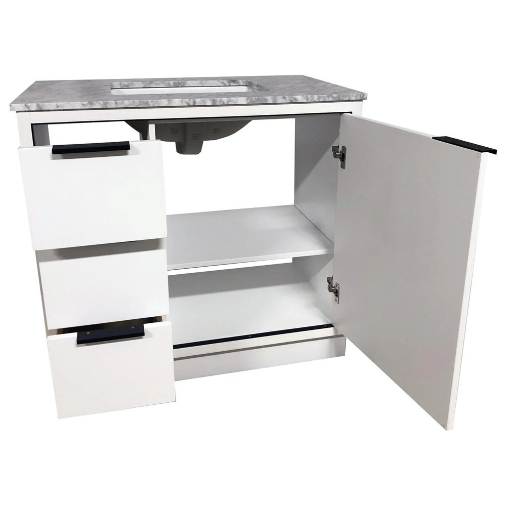 Amelie 36 in Single Sink Bathroom Vanity in White with Carrara White Countertop