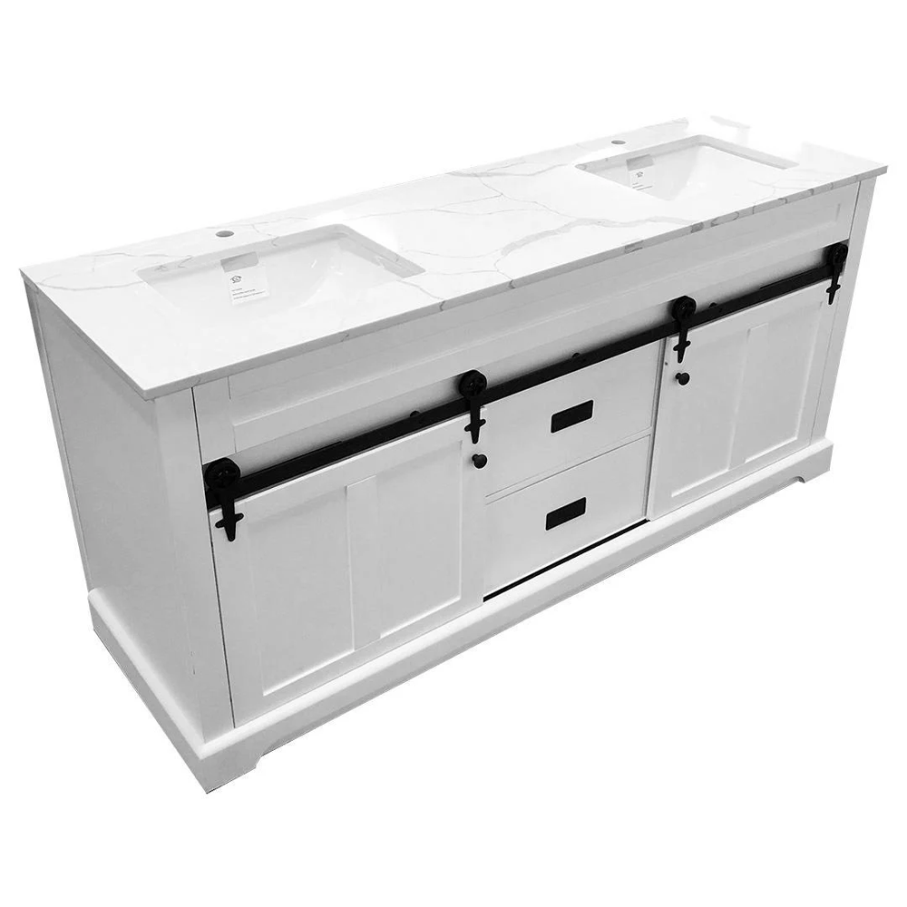 Farmhouse 72 in Double Sink Bathroom Vanity in White with Calacatta Gold Quartz Countertop