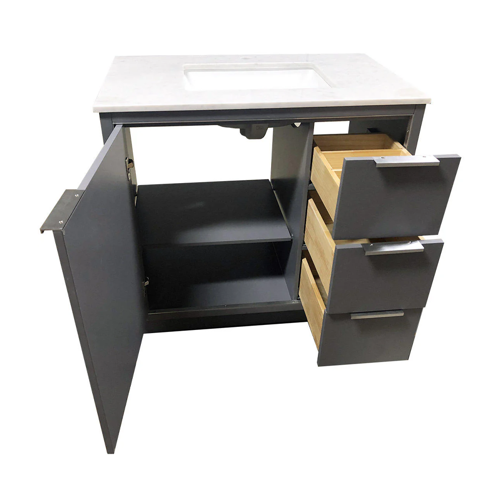Amelie 36 in Single Sink Bathroom Vanity in Grey with Carrara White Countertop