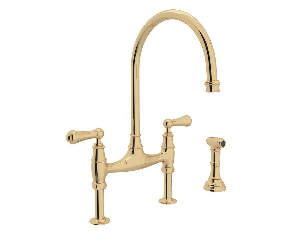 Perrin & Rowe Palladian® Two Handle Bridge Kitchen Faucet with Side Spray in Unlacquered Brass