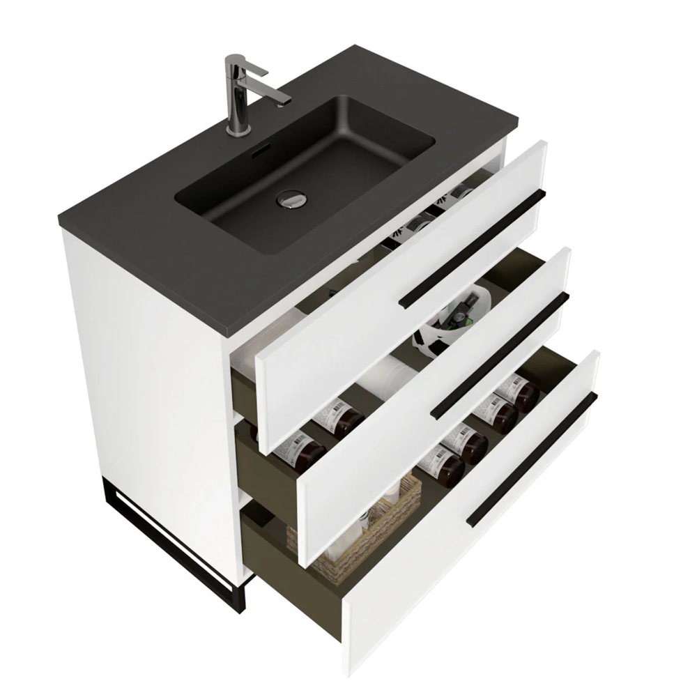 36" W Freestanding White Vanity Matte Black Sand Sink Top | LessCare