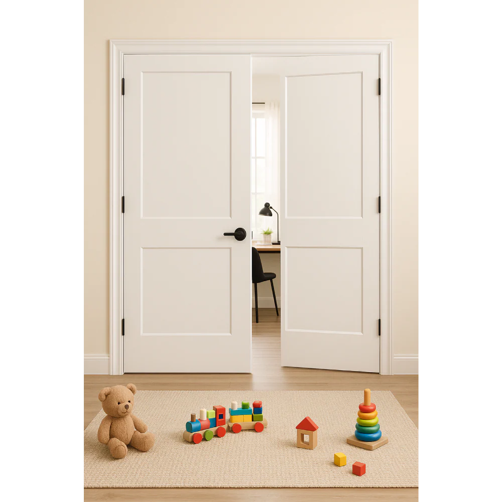 5/0x6/8 White Shaker 2-Panel Solid Core Primed MDF Prehung Interior French Door