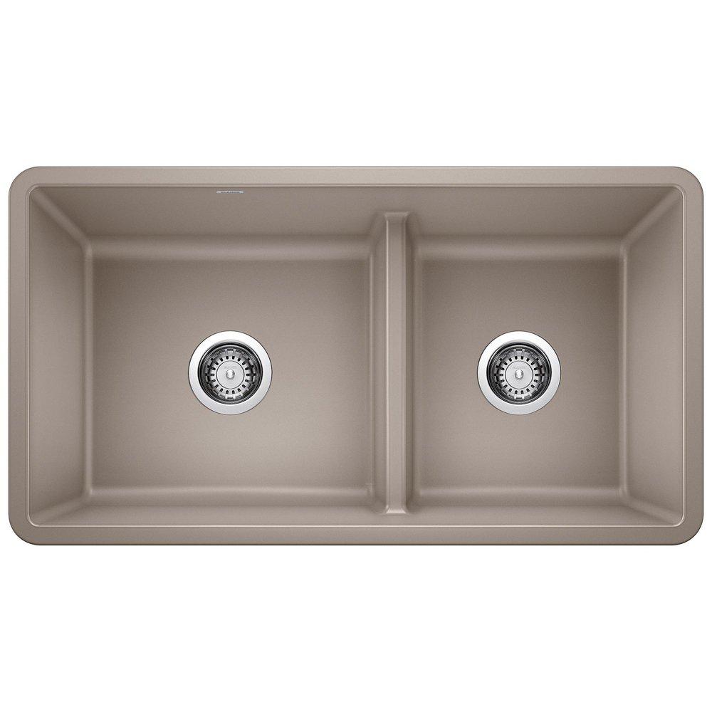 BLANCO Precis 33 in. Undermount Silgranit Double Bowl Kitchen Sink in Truffle