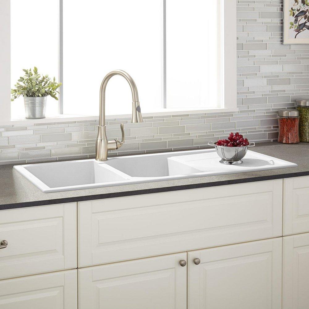 Signature Hardware Tansi 45-1/2 in. Drop-in Composite Double Bowl Kitchen Sink in Cloud White