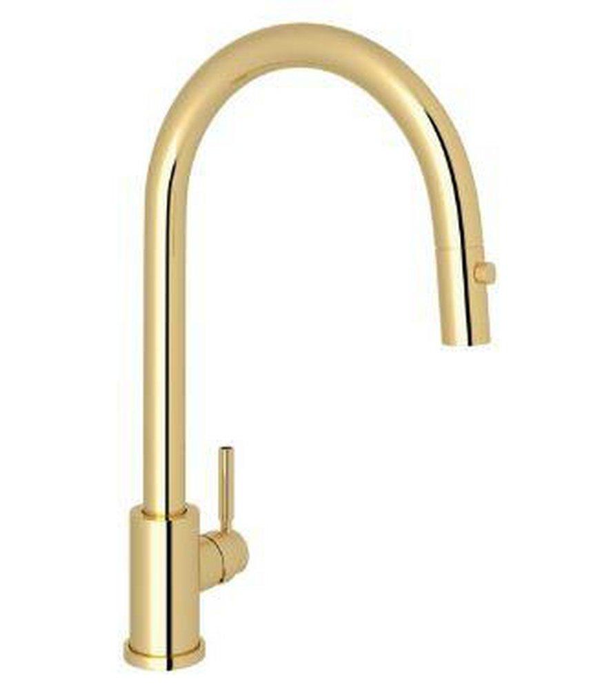 Perrin & Rowe® Holborn™ Single Handle Pull Down Kitchen Faucet in Unlacquered Brass