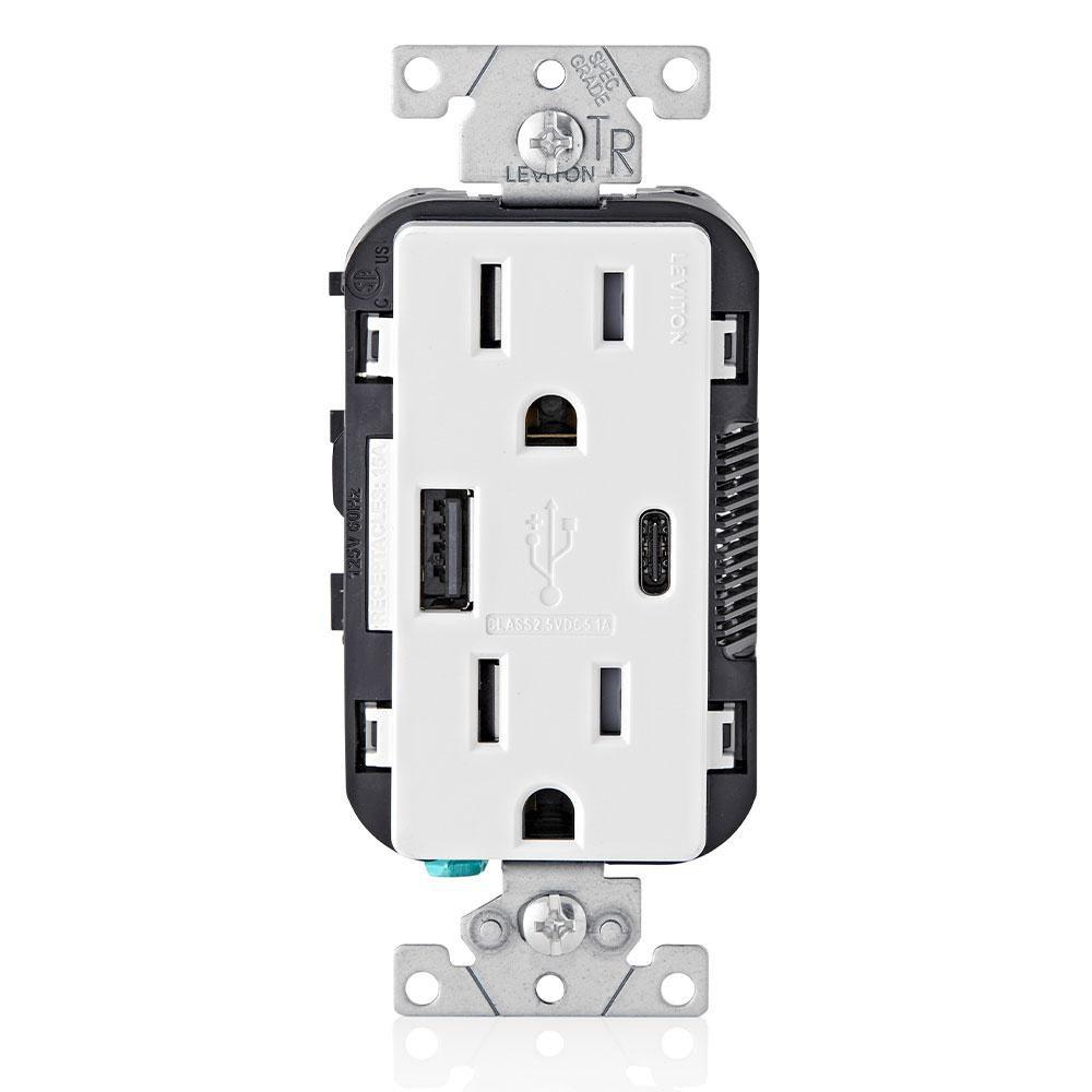 15A 125V Duplex Tamper-Resistant Receptacle with USB Charger in White