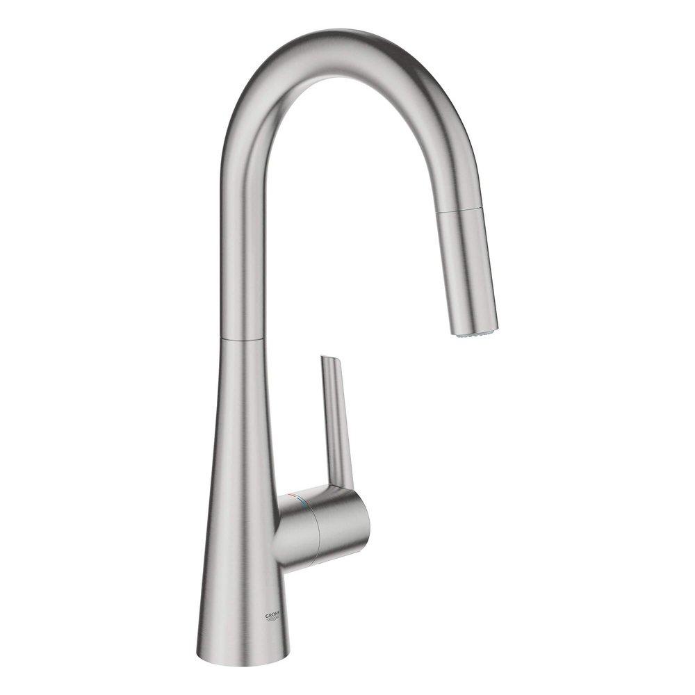 GROHE Zedra Single Handle Pull Down Kitchen Faucet in Steel