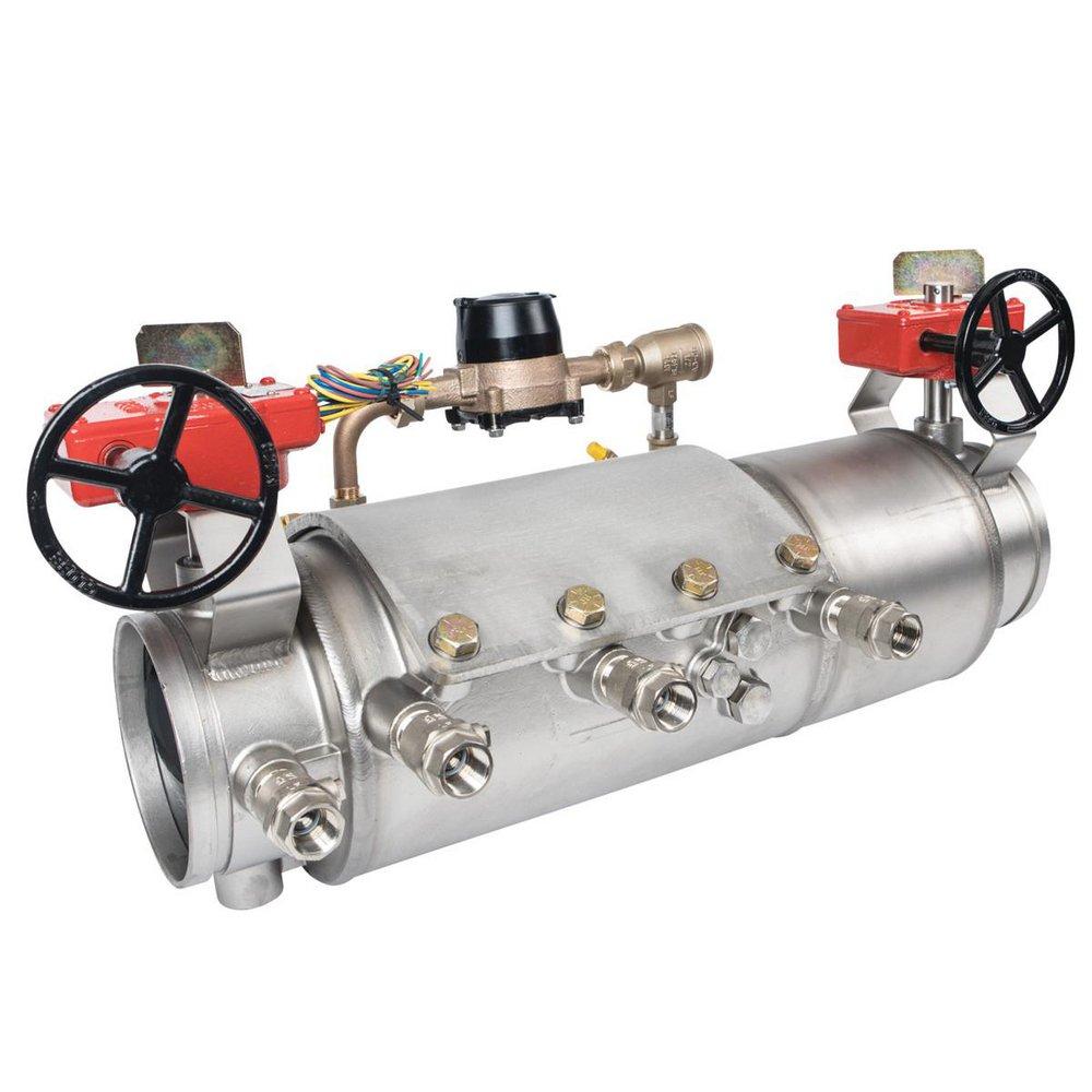 Ames Fire & Waterworks Deringer 30X/30GX 6 in 304 Stainless Steel Grooved Double Check Detector Assembly with Shutoff Valves, Water Meter and Test Cocks