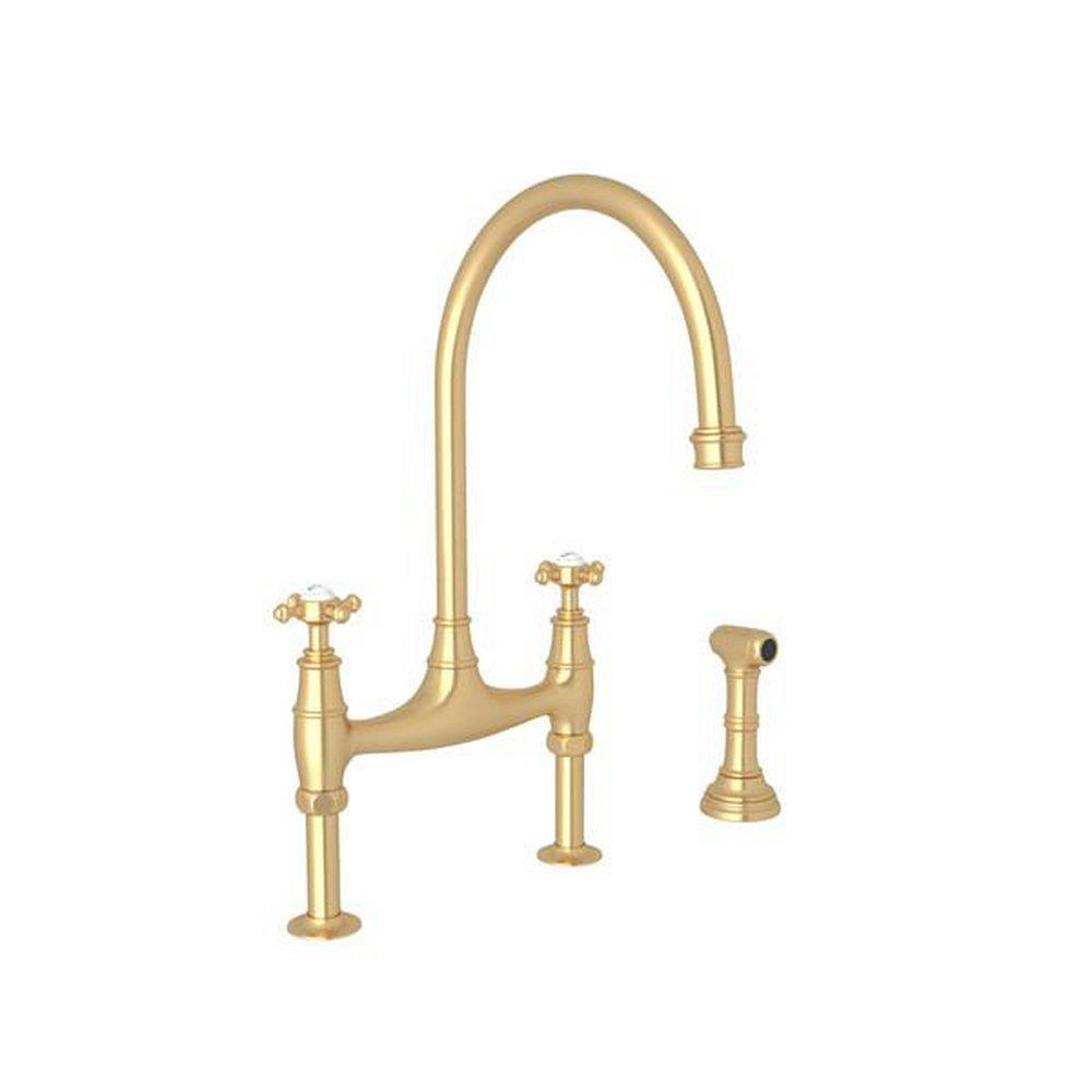 Perrin & Rowe® Georgian Era™ Two Handle Bridge Kitchen Faucet with Side Spray in Satin English Gold