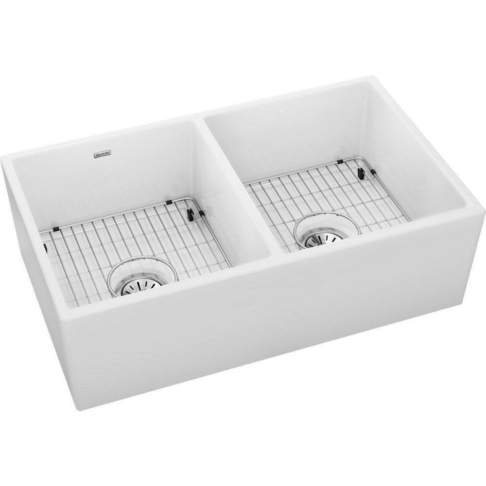 Elkay Fireclay 33 in. Farmhouse Fireclay Double Bowl Kitchen Sink in White