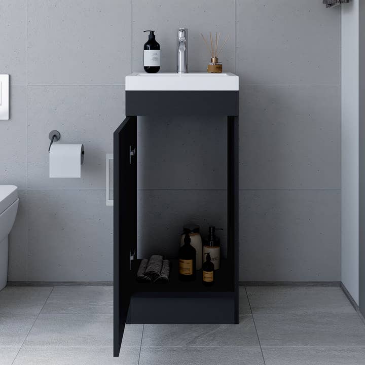 Jozz Bathroom Vanity Sink, Black Wengue and White Finish