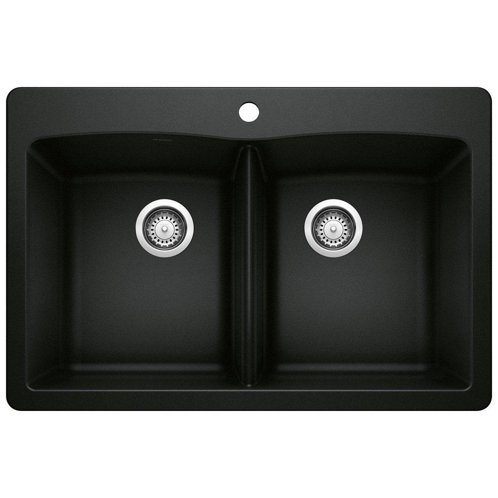 BLANCO Diamond 33 in. Dual Mount Silgranit Double Bowl Kitchen Sink in Coal Black