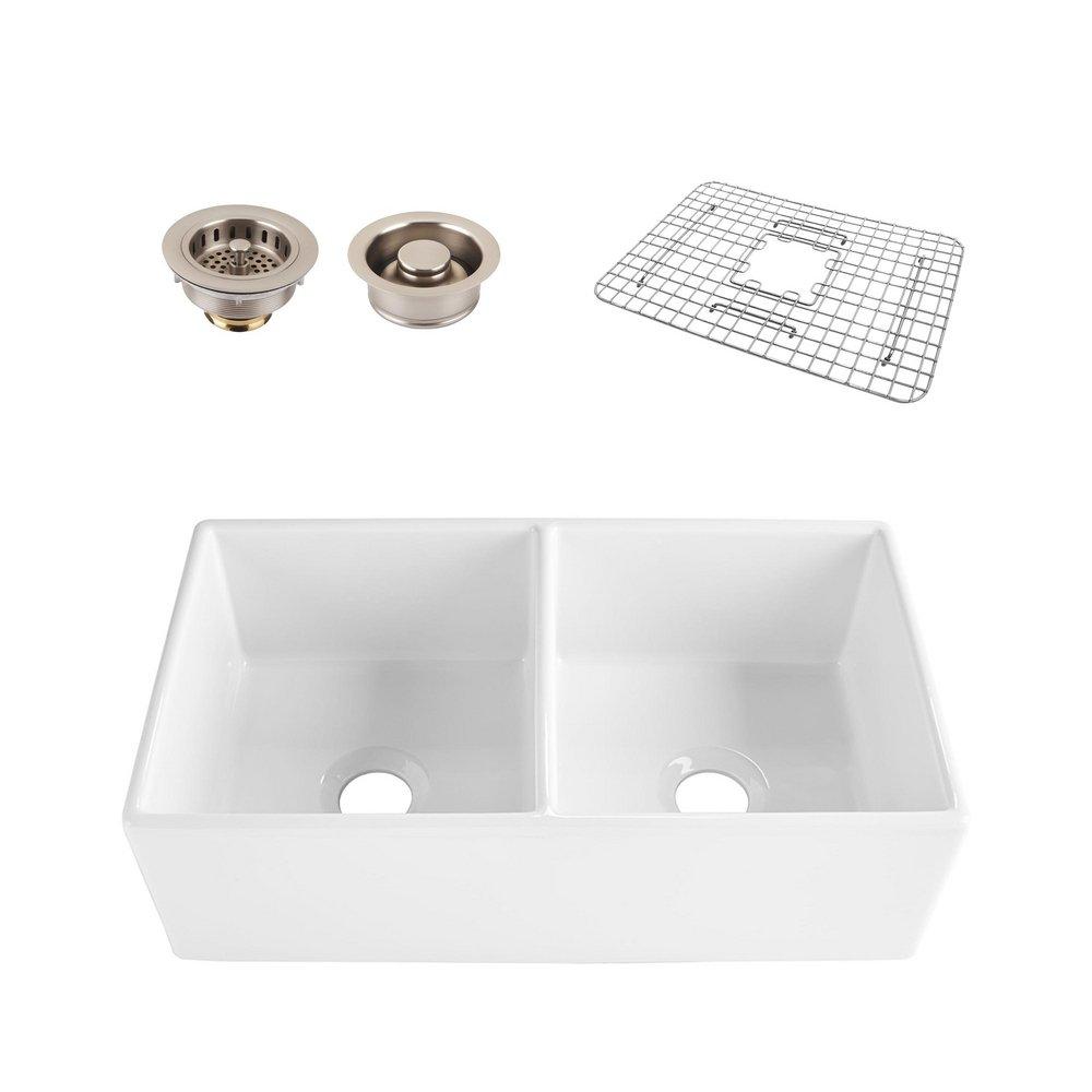 Thompson Fireclay 33 in. Farmhouse Ceramic Double Bowl Kitchen Sink in Gloss White