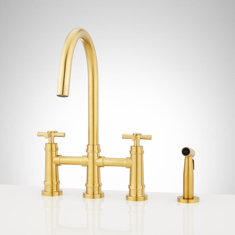 Signature Hardware Ailey Two Handle Bridge Kitchen Faucet with Side Spray in Brushed Gold