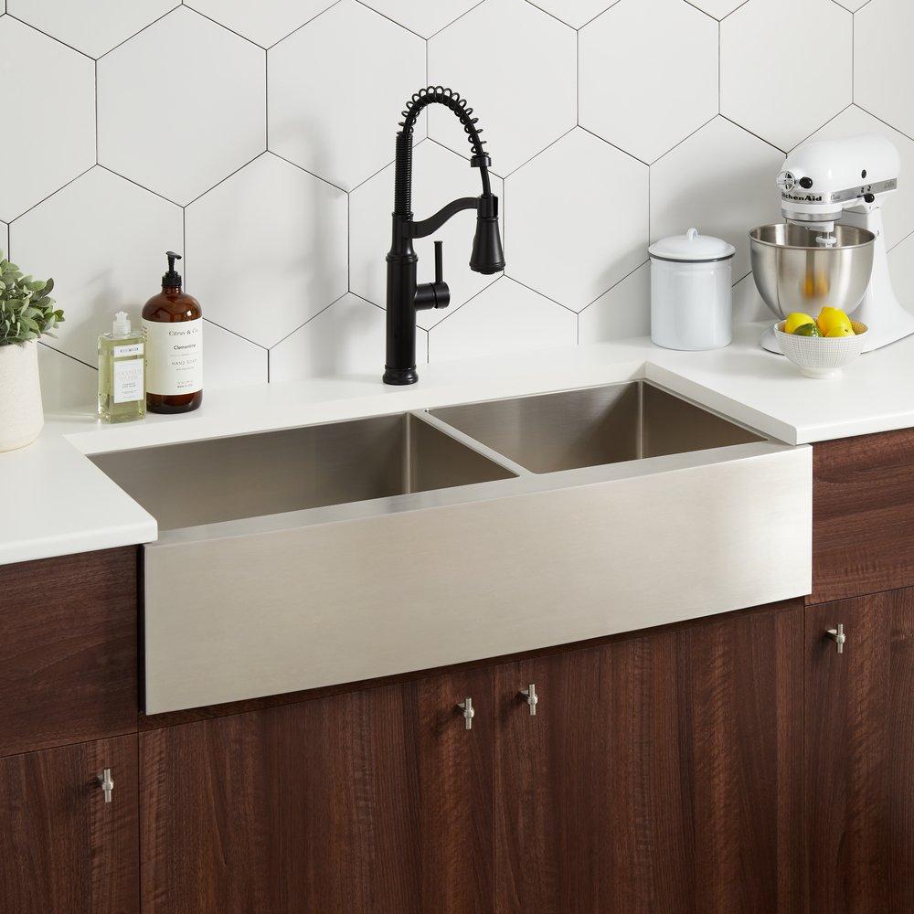 Signature Hardware Fournier 42 in. Farmhouse Stainless Steel Double Bowl Kitchen Sink in Stainless Steel