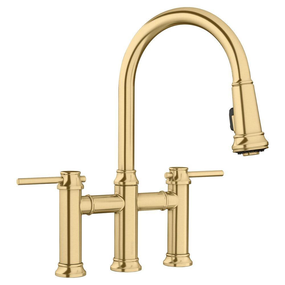 BLANCO Empressa Two Handle Bridge Pull Down Kitchen Faucet in Satin Gold