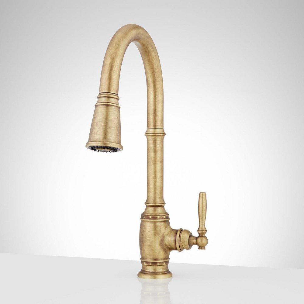 Signature Hardware Finnian Single Handle Pull Down Kitchen Faucet in Aged Brass